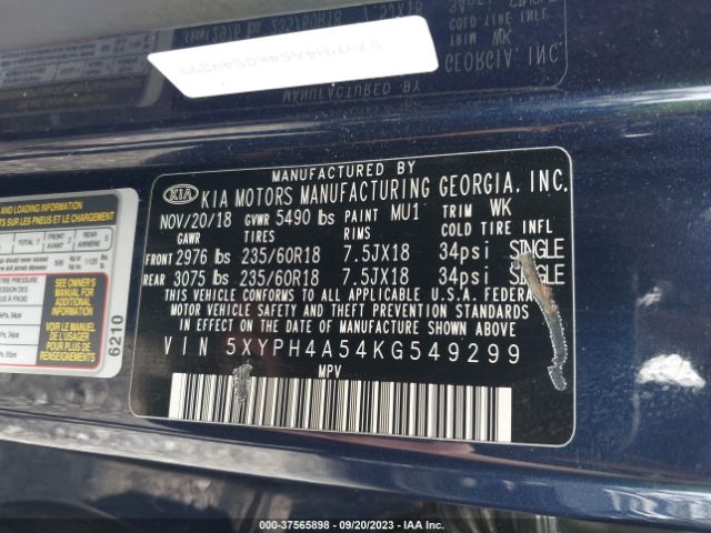 5XYPH4A54KG549299 KIA Sorento Ex V6