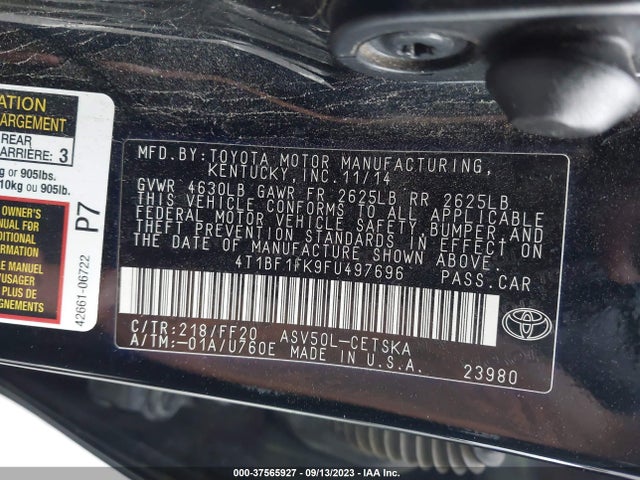 2015 TOYOTA CAMRY XLE/SE/LE/XSE VIN: 4T1BF1FK9FU497696