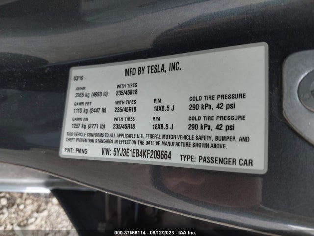 Tesla Model 3 Long Range/performance 2019 5YJ3E1EB4KF209664 Image 9