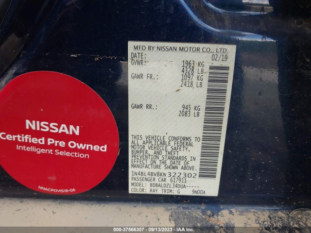 2019 NISSAN ALTIMA 2.5 S VIN: 1N4BL4BV8KN322302