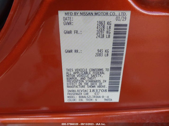Nissan Altima 2.5 Sr 2019 1N4BL4CV5KC183708 Image 9