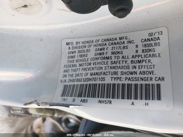 2013 HONDA CIVIC SDN SI VIN: 2HGFB6E52DH701105