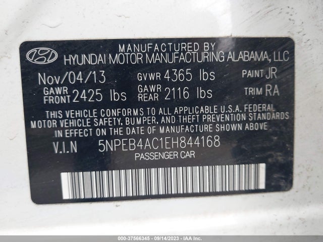 2014 HYUNDAI SONATA GLS VIN: 5NPEB4AC1EH844168