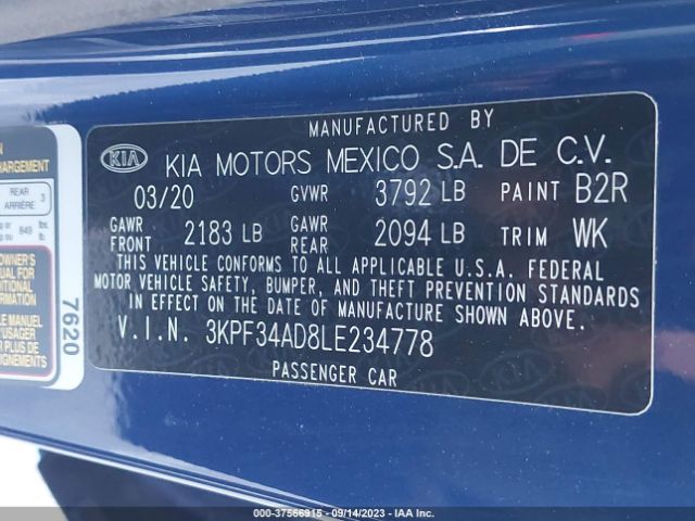 3KPF34AD8LE234778 KIA Forte Gt-line