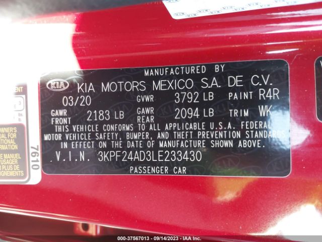 3KPF24AD3LE233430 KIA Forte Lxs