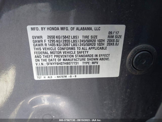 Honda Pilot Elite 2017 5FNYF6H07HB077731 Image 9