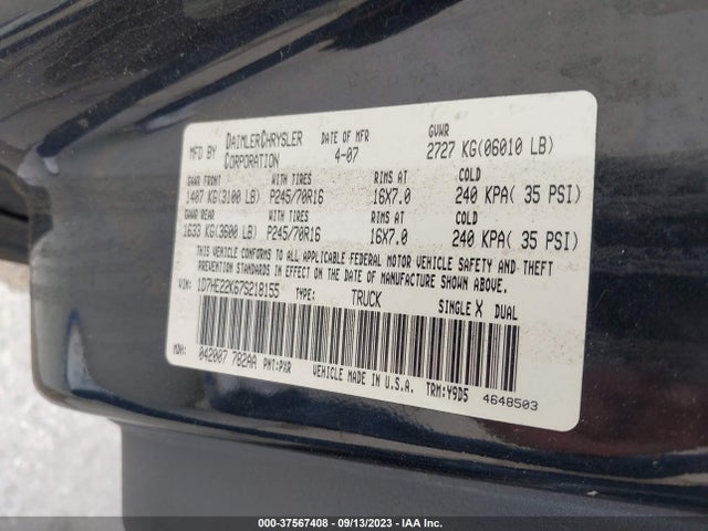 2007 DODGE DAKOTA ST VIN: 1D7HE22K67S218155
