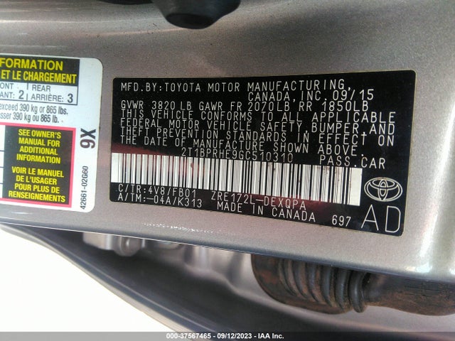 2016 TOYOTA COROLLA LE ECO VIN: 2T1BPRHE9GC510310