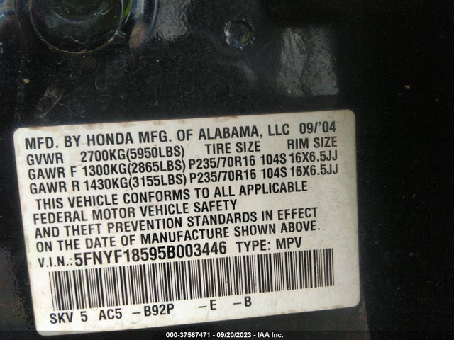 2005 HONDA PILOT EX-L VIN: 5FNYF18595B003446