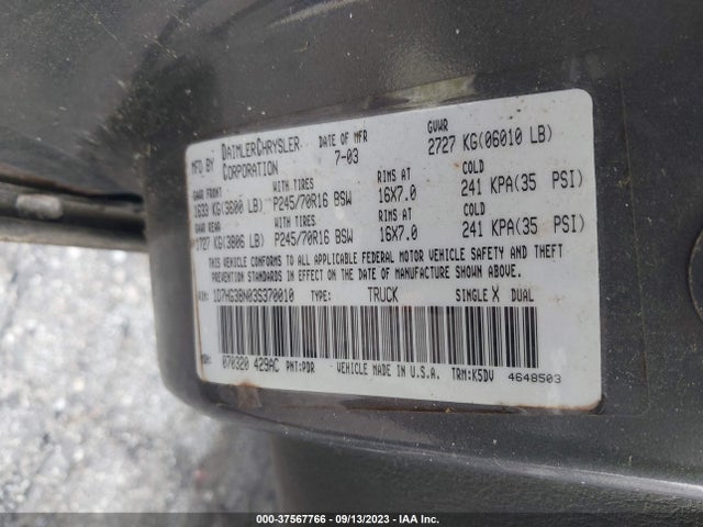 2003 DODGE DAKOTA SPORT VIN: 1D7HG38N03S370010