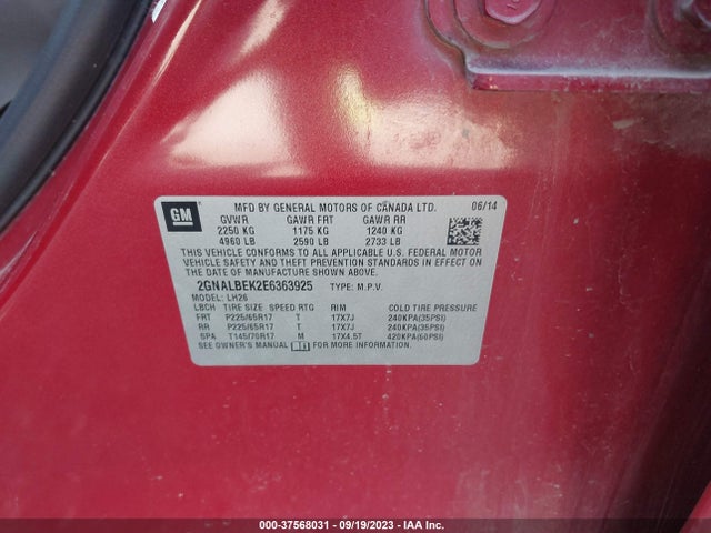 Chevrolet EQUINOX LT 2014 2GNALBEK2E6363925 Image 9