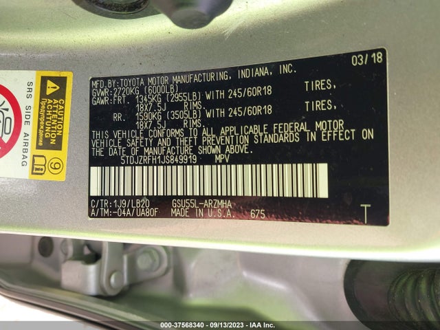 Toyota Highlander Xle 2018 5TDJZRFH1JS849919 Image 9