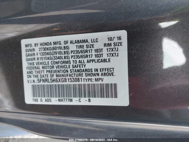 Honda Odyssey Ex-l 2016 5FNRL5H6XGB153081 Image 9
