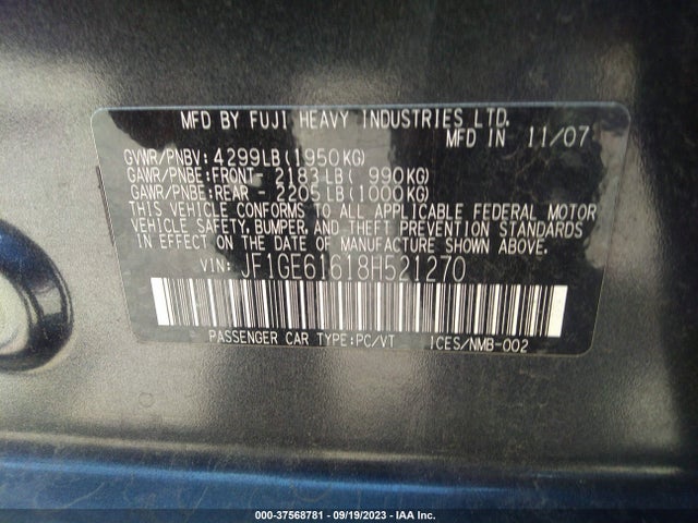 2008 SUBARU IMPREZA SEDAN I VIN: JF1GE61618H521270