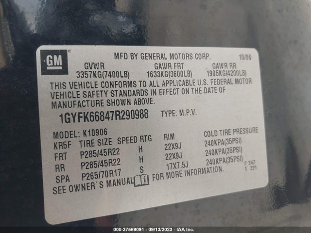 2007 CADILLAC ESCALADE ESV STANDARD VIN: 1GYFK66847R290988