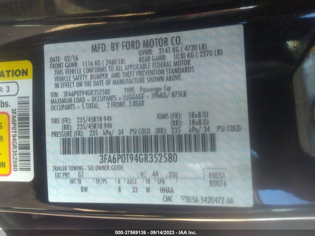 Ford FUSION SE 2016 3FA6P0T94GR352580 Image 15