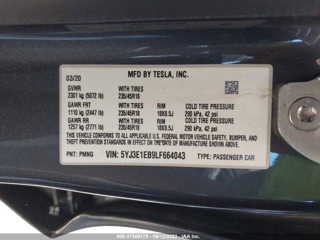5YJ3E1EB9LF664043 Tesla Model 3 Long Range