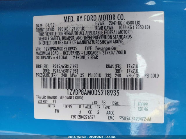 2013 FORD MUSTANG V6 VIN: 1ZVBP8AM0D5218935