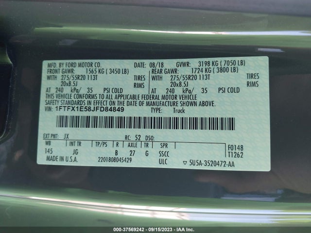2018 FORD F-150 XL/XLT/LARIAT VIN: 1FTFX1E58JFD84849