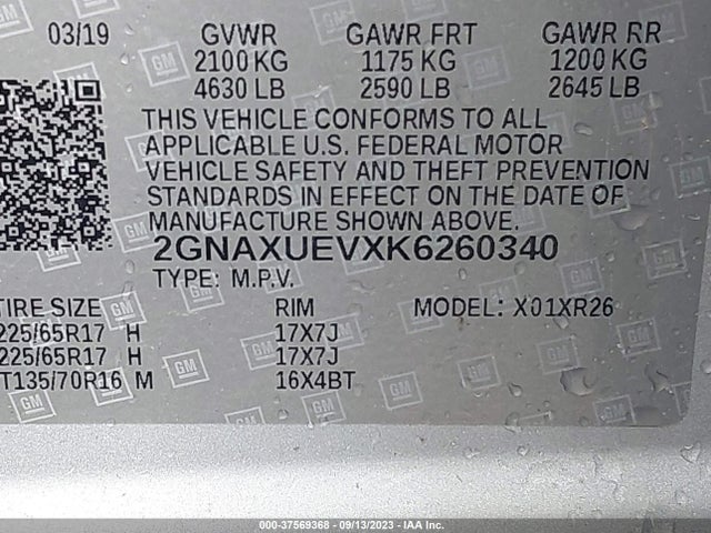 Chevrolet EQUINOX LT 2019 2GNAXUEVXK6260340 Image 9