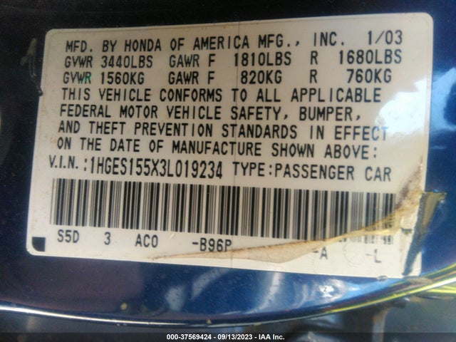 2003 HONDA CIVIC LX VIN: 1HGES155X3L019234