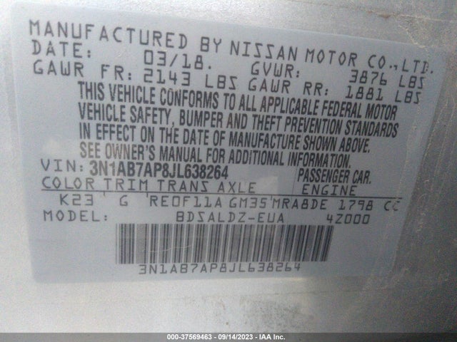 2018 NISSAN SENTRA SV VIN: 3N1AB7AP8JL638264