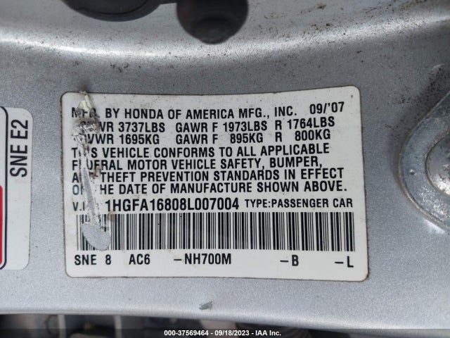 2008 HONDA CIVIC EX VIN: 1HGFA16808L007004
