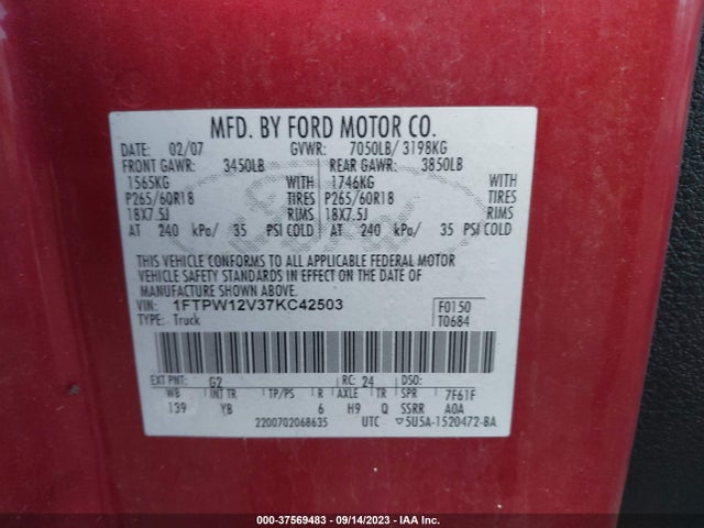 2007 FORD F-150 XLT/LARIAT/KING RANCH/FX2 VIN: 1FTPW12V37KC42503