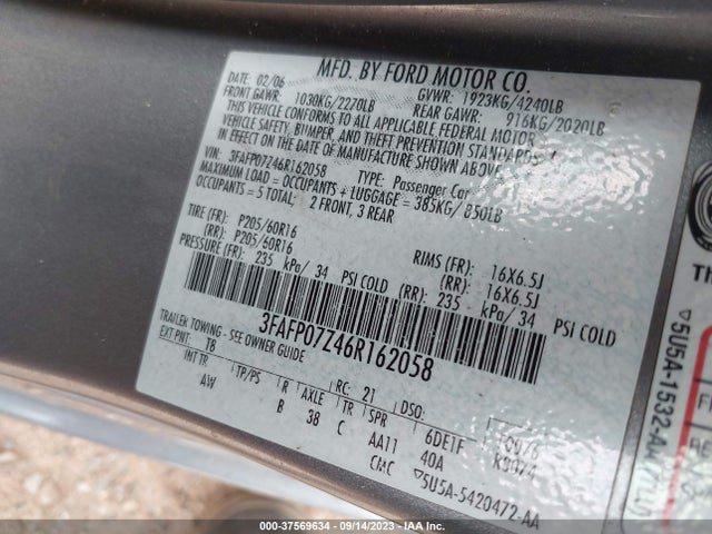 2006 FORD FUSION SE VIN: 3FAFP07Z46R162058