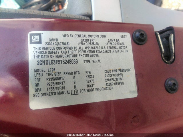 2007 CHEVROLET EQUINOX LT VIN: 2CNDL63F576248639