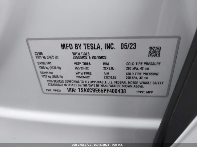 2023 TESLA MODEL X PLAID VIN: 7SAXCBE65PF400438