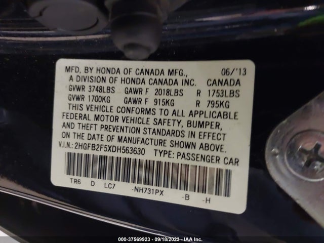 2013 HONDA CIVIC SDN LX VIN: 2HGFB2F5XDH563630