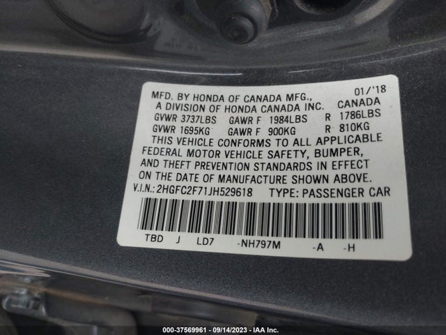 Honda CIVIC EX 2018 2HGFC2F71JH529618 Image 9