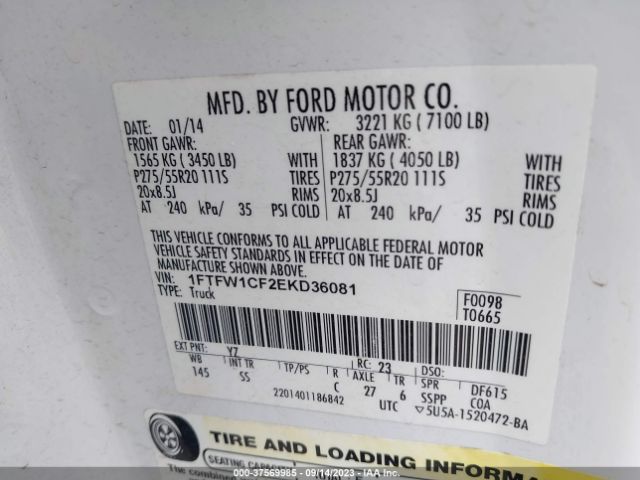1FTFW1CF2EKD36081 Ford F-150 Xl/stx/xlt/fx2/lariat