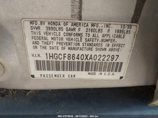 1999 HONDA ACCORD SDN DX VIN: 1HGCF8640XA022297