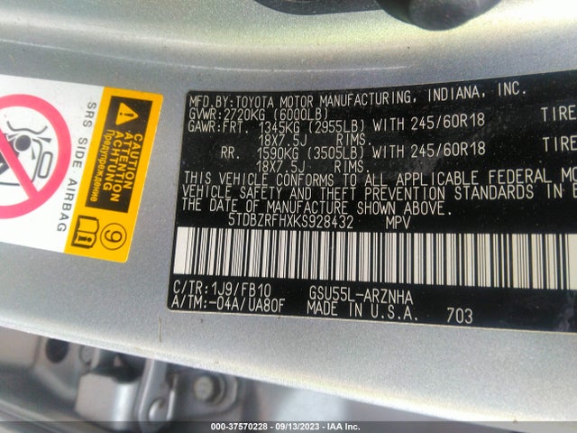 2019 TOYOTA HIGHLANDER 5TDBZRFHXKS928432 Photo 8