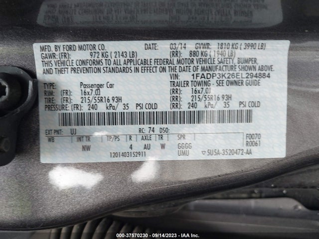 2014 FORD FOCUS SE VIN: 1FADP3K26EL294884