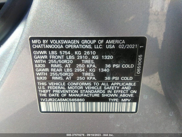 1V2JR2CA5MC565860 Volkswagen Atlas 3.6l V6 Se W/technology