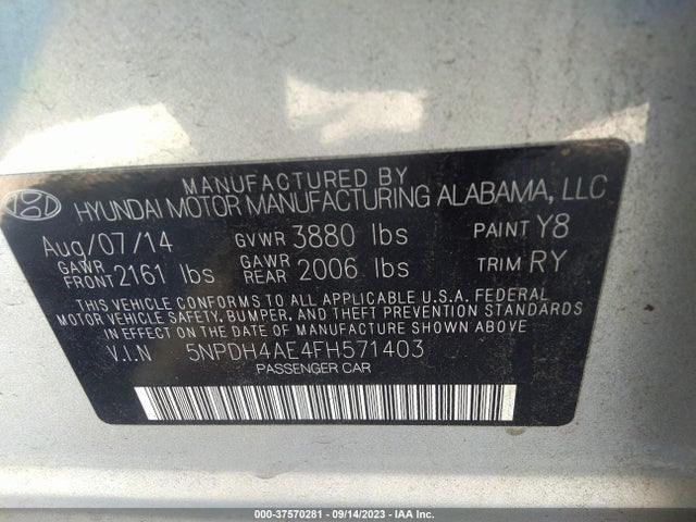 Hyundai ELANTRA SE 2015 5NPDH4AE4FH571403 Image 9