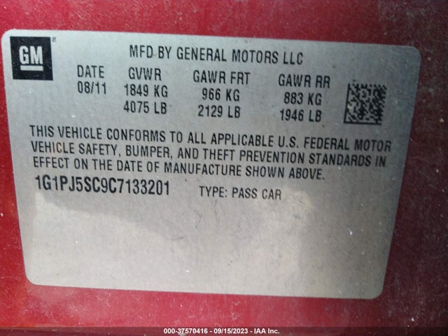 2012 CHEVROLET CRUZE ECO VIN: 1G1PJ5SC9C7133201