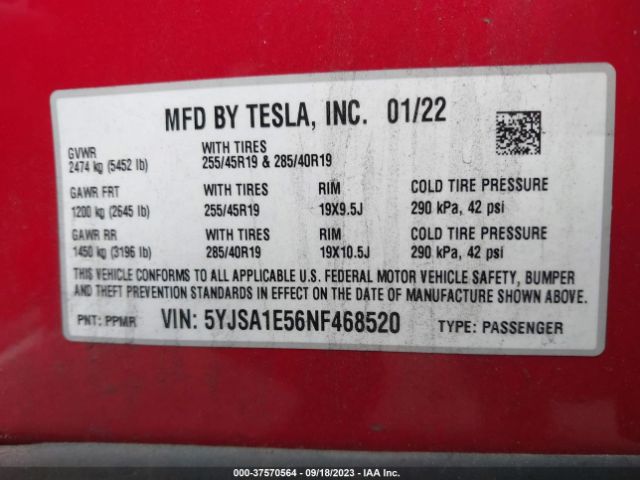 5YJSA1E56NF468520 Tesla MODEL S