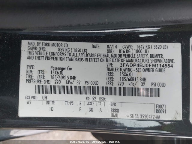 2015 FORD FIESTA SE VIN: 3FADP4BJ0FM114554