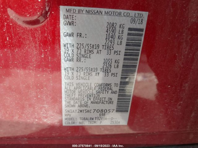 5N1AT2MT5KC708057 Nissan Rogue Sl