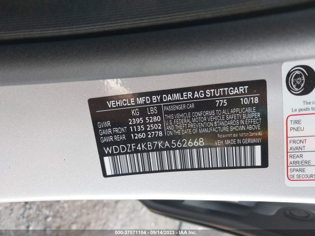 2019 MERCEDES-BENZ E-CLASS E 300 VIN: WDDZF4KB7KA562668