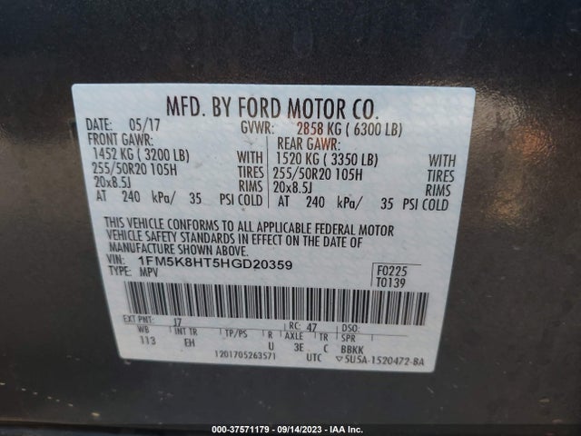 2017 FORD EXPLORER PLATINUM VIN: 1FM5K8HT5HGD20359