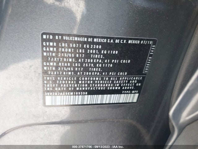 3VV2B7AX9KM189398 Volkswagen Tiguan Se/sel/sel R-line