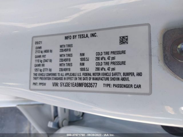 5YJ3E1EA9MF063577 Tesla Model 3 Standard Range Plus