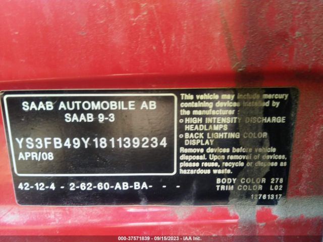 2008 SAAB 9-3 YS3FB49Y181139234 Photo 8