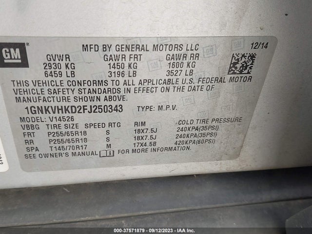 Chevrolet Traverse Lt 2015 1GNKVHKD2FJ250343 Image 9