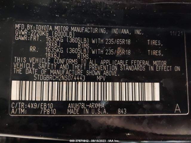 Toyota HIGHLANDER HYBRID 2022 5TDGBRCH2NS074443 Image 9